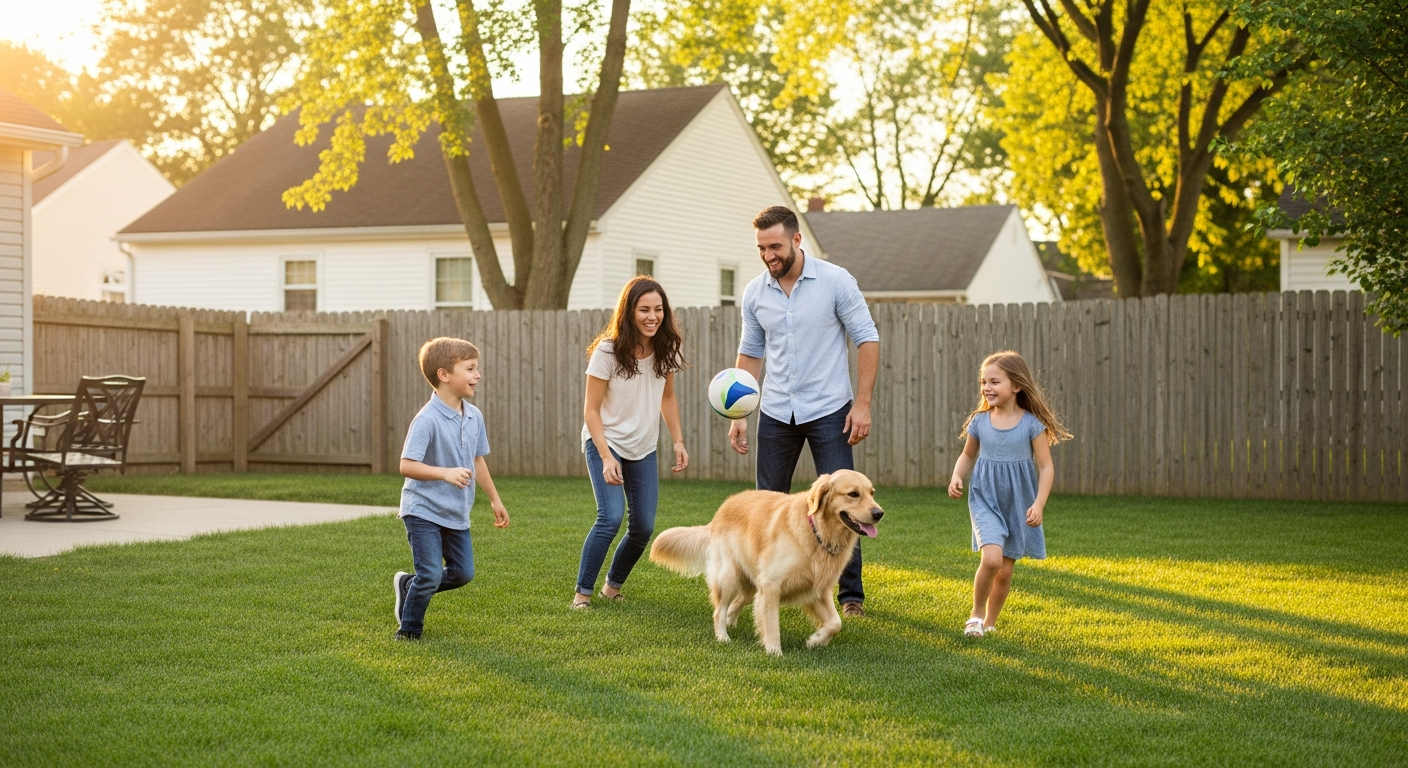 Family enjoying their clean backyard with dog