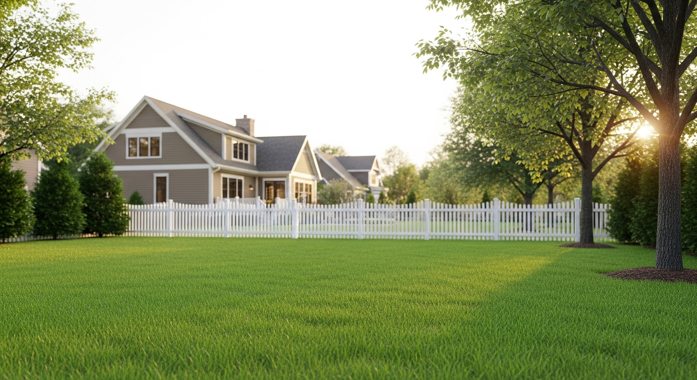 Clean suburban backyard with white picket fence